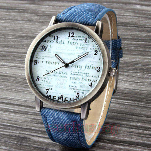Retro Simple Faux Leather Blue Band Round Dial Quartz Wrist Watch - Newspaper