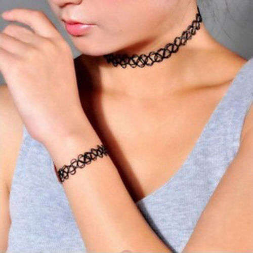 Tattoo Choker Stretch Necklace and Bracelet Set Black Retro Henna Boho Elastic 80s 90s Jewelry