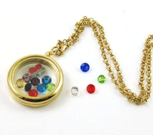 Living Memory Floating Charm Round Locket in Gold Tone with Heart - FREE Crystals