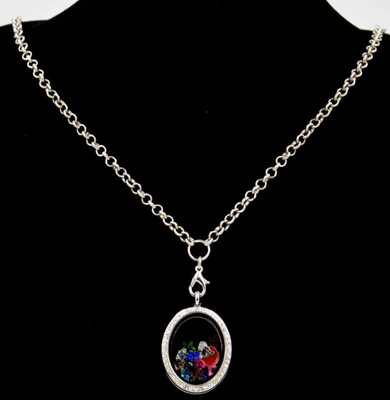 Stainless Steel Living Memory Floating Charm Oval Locket in Silver Tone  - FREE Crystals