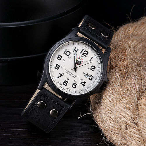 Men's Waterproof Date Leather Strap Sport Quartz Army Watch - SOKI