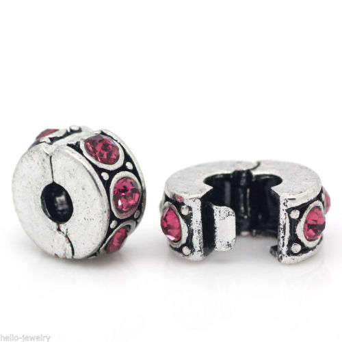 Tibetan Silver, Stopper Bead, Clip Lock - Pink Crystals