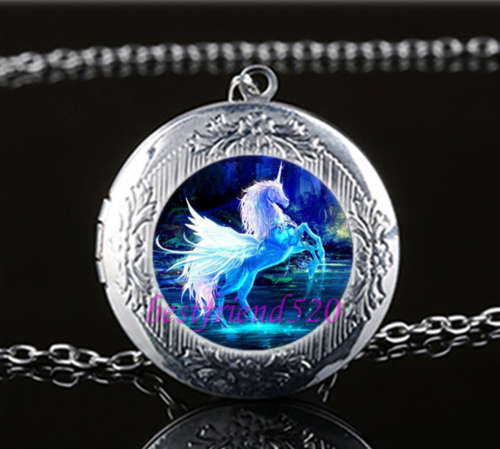 Moonlight Unicorn Photo Glass Tibet Silver Chain Locket Pendant Necklace