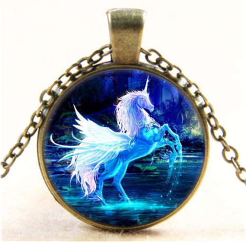 Vintage Moonlight Unicorn Photo Cabochon Glass Bronze Pendant Necklace