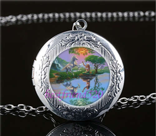 Mermaid and Unicorn Unicorn Cabochon Glass Tibet Silver Locket Pendant Necklace