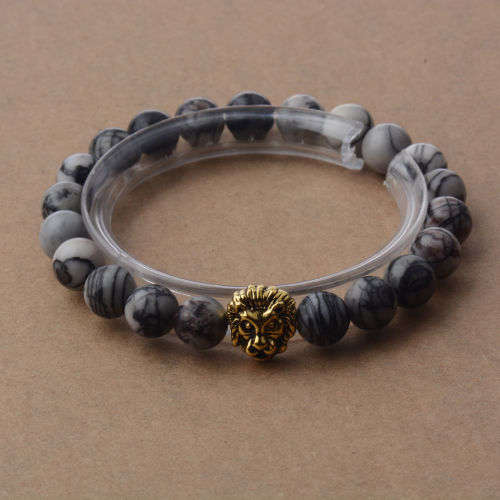 Black & White Stripe Agate Stone Silver Lion Beaded Healing Balance Bracelet