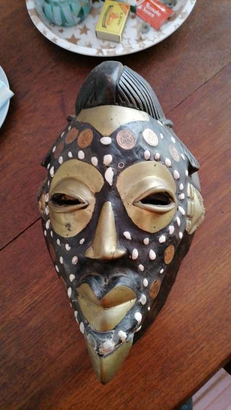 African Mask Tribal Mask Wood and Copper, West Africa