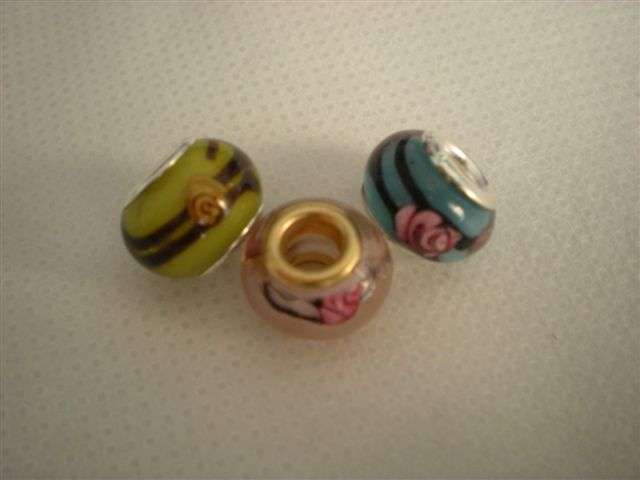 Lampwork bead with Rose Design Silver Beads fits Pandora, Biagi, Troll System