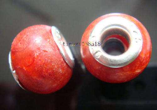 Bead with Natural Coral and  Sterling Silver Core