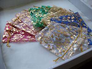 Organza Bag, mixed colours, rose design. 9 by 12 cm