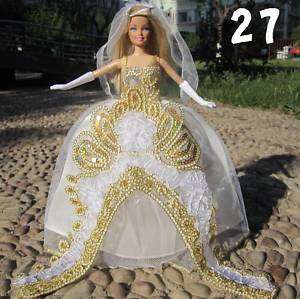 Barbie Clothes, Handmade, Gold and White Wedding Dress