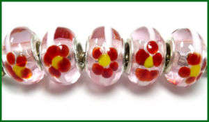 Bead, Pink and Red Flowers Murano Style Beads