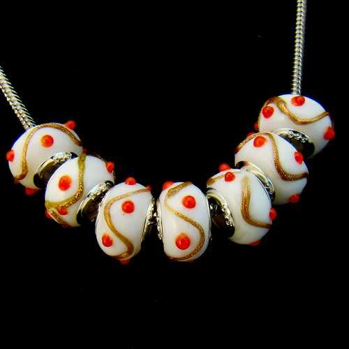 Bead, White with Red Dots, Murano Style Beads
