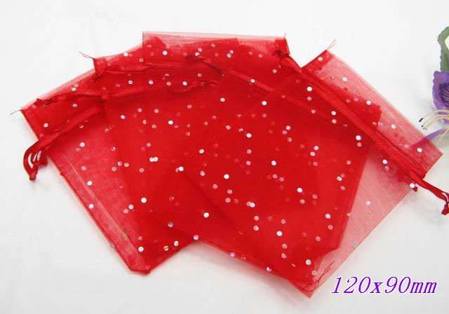 Organza Bag, Red with Silver sparkly Dots, 9 by 12 cm