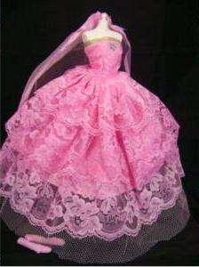 Barbie Clothes, Handmade, Stunning Pink and Gold Gown with Veil and gloves