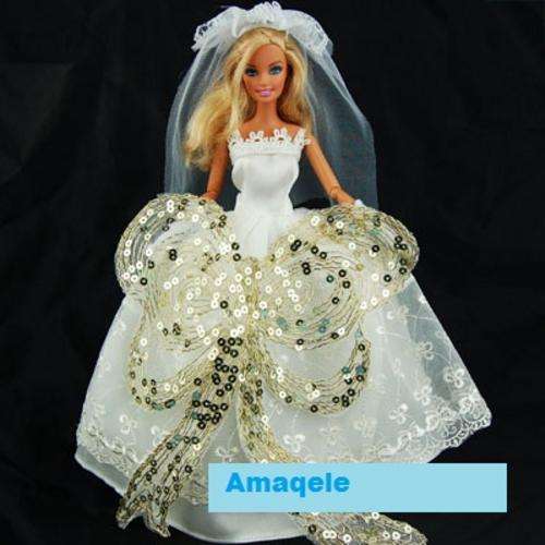Barbie Clothes, Handmade, Gold and White Wedding Dress