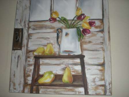 Original Oil Painting "Door with Tulips and Pears"