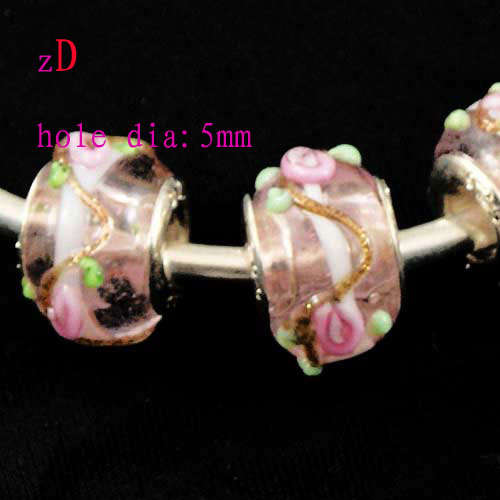 Bead, Murano Style Bead with Silver Core Pink roses