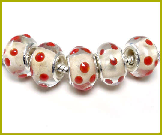 Bead, cream with red dots Murano Style Beads