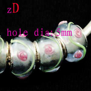 Bead, Murano Style Bead, Silver Core, Clear with Pink Roses