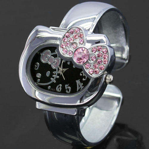 Hello Kitty Bracelet Watch with Pink Crystals - black face