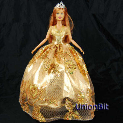 Top of the Range Barbie Clothes, Handmade, Gold Princess Dress with Crown and Bag