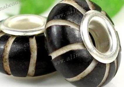Bead Ox Bone Carved, silver Core, Bead fits most European Charm Beads System