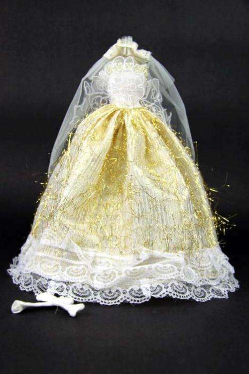 Barbie Clothes, Handmade, Gold Wedding Dress with Veil and Gloves