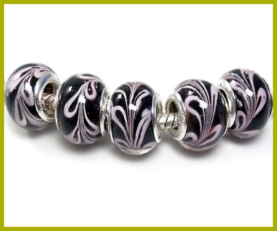 Bead, Murano Style Bead, Silver Core, Black with Champagne