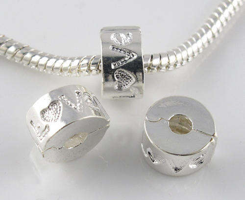925 Sterling silver Plated Bead, Stopper Bead, Clip Lock - Love