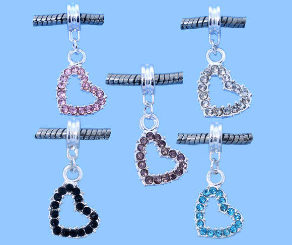 Hearts with Rhinestones Dangling Bead fits most European Charm Beads System