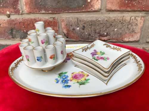 VINTAGE DRESDEN PORCELAIN Cigarette Holder Oval Tray and 3 Ashtrays - Germany