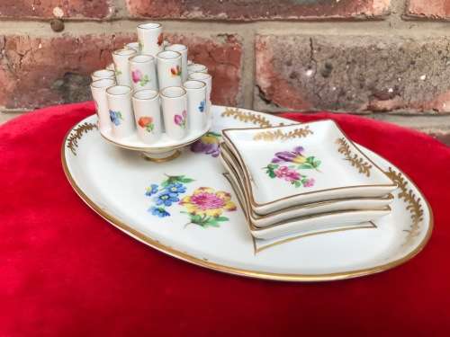 VINTAGE DRESDEN PORCELAIN Cigarette Holder Oval Tray and 3 Ashtrays - Germany