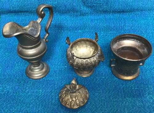 VINTAGE BRASS FIRGURES LOT 4 , PITCHER, POT,