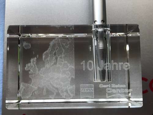 ZEISS LOT 1, 10 JAHRE (10 YEARS) CARL ZEISS CENTRE EUROPE GLASS-BLOCK WITH BALL-PEN