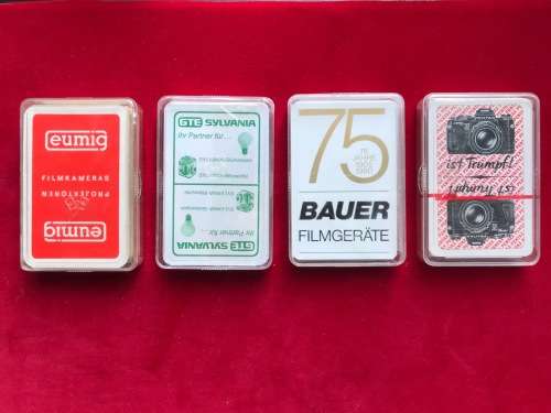 Skat playing card sets (4) , collectors items, Pentax,Bauer,Sylvania,Eumig