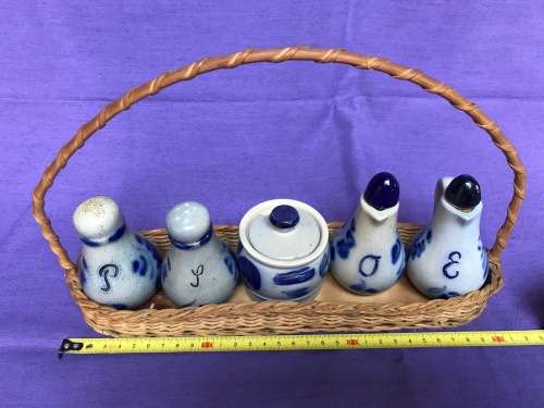 Stone set from Germany (Hessen) : Pepper,Salt,Viniger,Oil,Mustard in basket