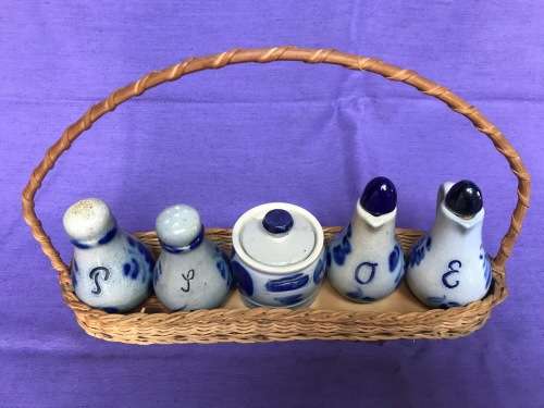 Stone set from Germany (Hessen) : Pepper,Salt,Viniger,Oil,Mustard in basket
