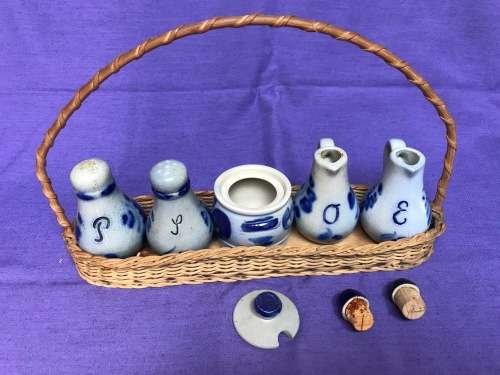 Stone set from Germany (Hessen) : Pepper,Salt,Viniger,Oil,Mustard in basket