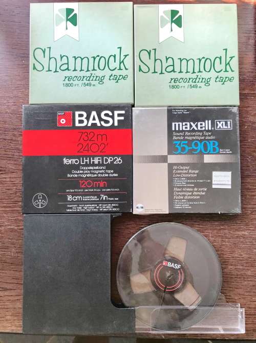 Vintage Magnetophonband  Lot,5 x Double play tape in original box, BASF,Maxel,Shamrock, all 18cm