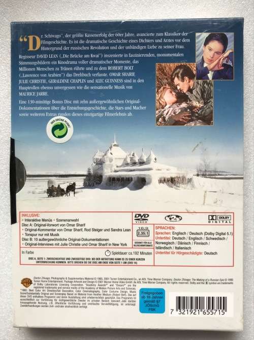 Dr. Schiwago (DVD) NEW (Omar Sharif,Julie Christie,Allec Guinness) english, german, Region 2