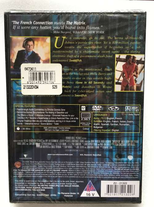 Swordfish (DVD) NEW (John Travolta,Hugh Jackman,Halle Berry) english, french, Region 2