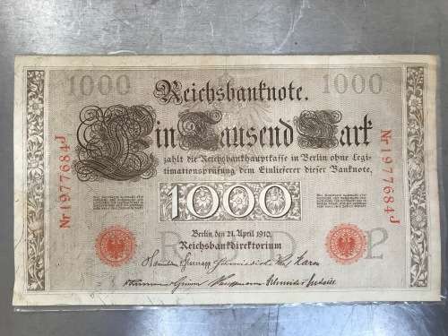 Germany Reichsbanknote 1000,21.04.1910,Nr.1977684J,red stamped,red seal,P,rare,vintage,OFFER - 15.6.