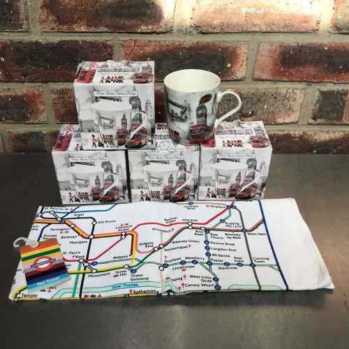The Leonardo Collection London Mug Set of 4 mugs + Tea Towel London metro underground, Made England