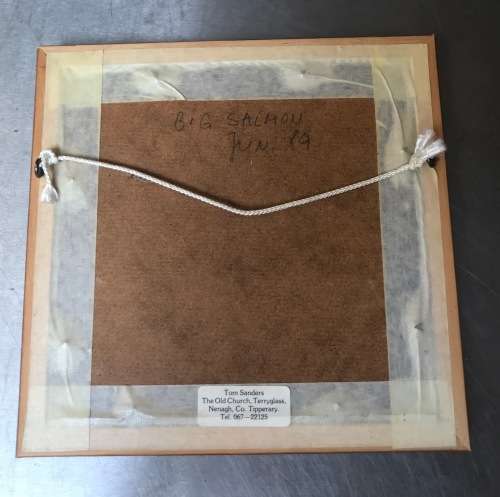Wooden Frame with Salmon Angle Fly Hook Bait, made in Ireland, vintage, rare, from 1989