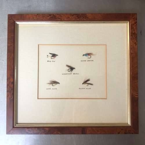Wooden Frame with Trout Angle Fly Hooks Baits, made in Ireland, vintage, rare, from 1989
