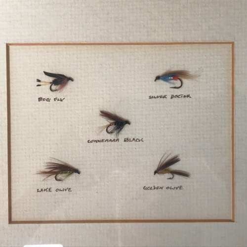 Wooden Frame with Trout Angle Fly Hooks Baits, made in Ireland, vintage, rare, from 1989