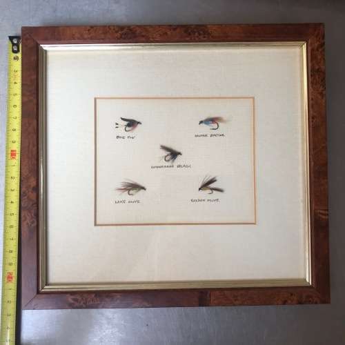 Wooden Frame with Trout Angle Fly Hooks Baits, made in Ireland, vintage, rare, from 1989