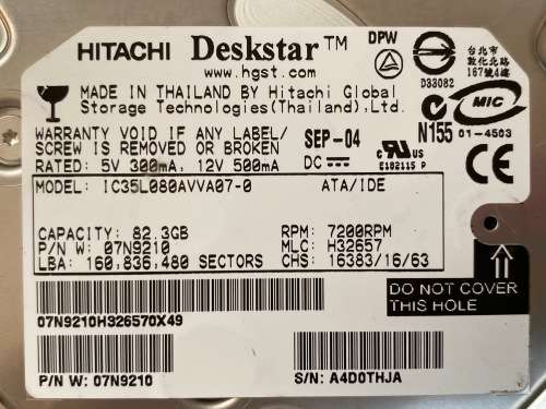 Hitachi Deskstar 82.3GB 3.5` ATA/IDE Hard Drive 7200RPM , vintage, working, formated
