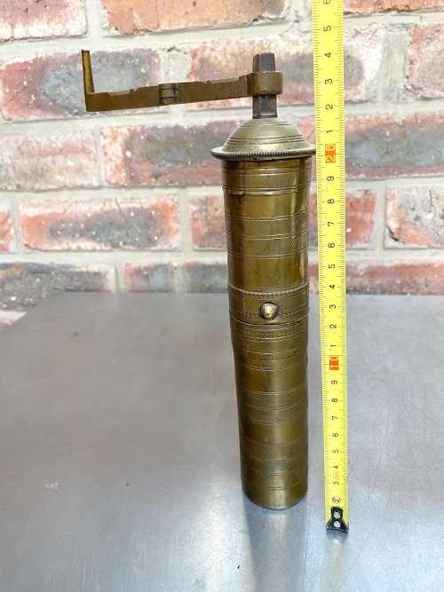 Antique Turkish Ottoman brass pepper mill,coffee grinder,Garanti No.2, collectors, 10`tall, 652gr.